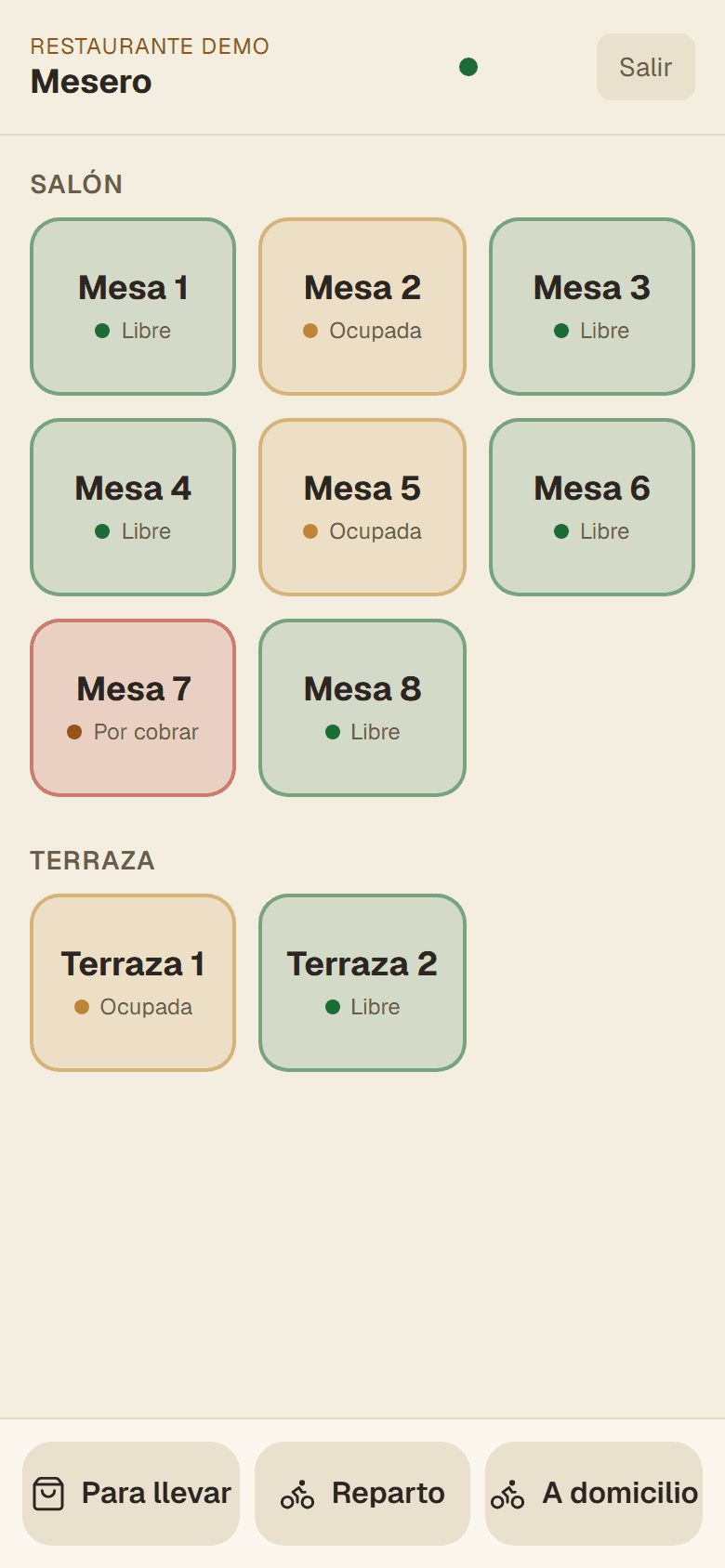 Pantalla del mesero en un celular: el salón con las mesas 1 a 8 y la terraza, cada una marcada como libre, ocupada o por cobrar.